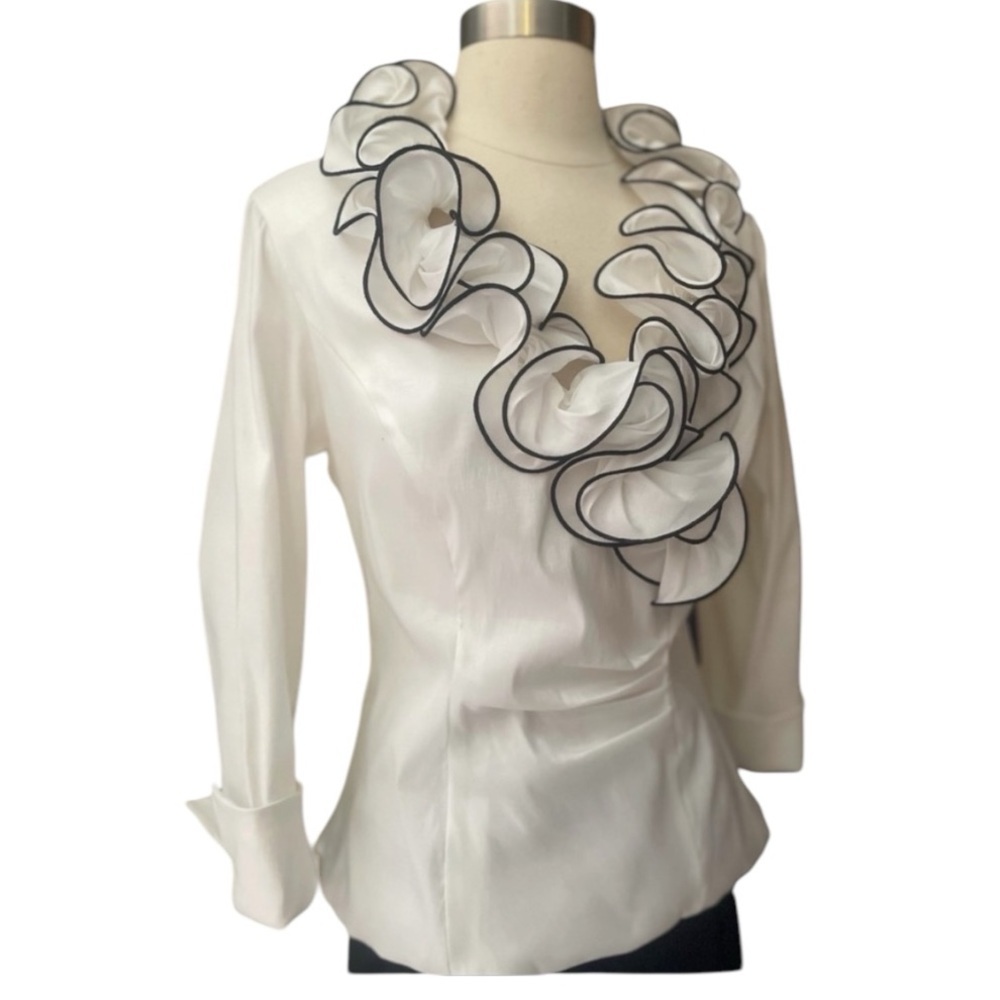 XSCAPE White Black Ruffled Formal Blouse Sz 12 - Picture 13 of 14